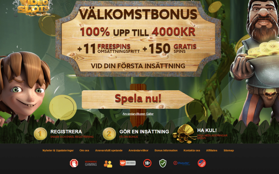 Videoslots.com 100 % casino bonus upp till 4000 kr + 161 Gratis spinn